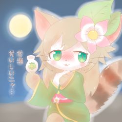 Rule 34 | artemis (cat busters), artist request, brown hair, cat, cat busters, flower, furry, green eyes, hair flower, hair ornament, japanese clothes, kimono, night, short hair