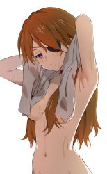 Rule 34 | 1girl, absurdres, armpits, arms behind head, black choker, breasts, choker, closed mouth, convenient censoring, eyepatch, hair down, highres, long hair, looking at viewer, looking back, navel, neon genesis evangelion, nude, one eye covered, orange hair, out-of-frame censoring, purple eyes, rebuild of evangelion, sasasa r 23, simple background, small breasts, solo, souryuu asuka langley, stomach, towel, towel over breasts, upper body, white background