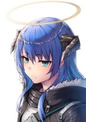 Rule 34 | 1girl, arknights, black jacket, blue eyes, blue hair, closed mouth, demon horns, expressionless, fur collar, fur trim, halo, horns, jacket, long hair, looking at viewer, mostima (arknights), open clothes, open jacket, ryuinu, shirt, simple background, solo, strap, upper body, white background, white shirt