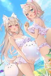 Rule 34 | 1other, 2girls, animal ear fluff, animal ears, beach, bikini, blonde hair, blue eyes, blue hair, breasts, cleavage, fuwawa abyssgard, highres, holoadvent, hololive, hololive english, icomochi, large breasts, long hair, looking at viewer, mococo abyssgard, multicolored hair, multiple girls, outdoors, pink eyes, pink hair, short hair, siblings, sisters, small breasts, swimsuit, tail, twins, virtual youtuber, water, white bikini