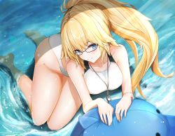 Rule 34 | 1girl, blonde hair, blue eyes, breasts, competition swimsuit, fate/grand order, fate (series), glasses, gu luco, highres, inflatable dolphin, inflatable toy, jacket, jeanne d&#039;arc (fate), jeanne d&#039;arc (ruler) (fate), jeanne d&#039;arc (swimsuit archer) (fate), jeanne d&#039;arc (swimsuit archer) (second ascension) (fate), large breasts, long hair, looking at viewer, one-piece swimsuit, partially submerged, ponytail, smile, solo, swimsuit, water, whistle, whistle around neck, white jacket, white one-piece swimsuit