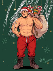 Rule 34 | 1boy, abs, absurdres, arm hair, bara, belly, boots, bulge, chest hair, christmas, full body, gangdong, hairy, hat, head tilt, highres, large pectorals, looking at viewer, male focus, mature male, muscular, muscular male, navel, navel hair, nipples, original, pectorals, red hat, santa costume, santa hat, short hair, solo, standing, stomach, strongman waist, textless version, thick eyebrows, topless male