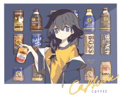 Rule 34 | 1girl, black hair, blue eyes, blue jacket, bottle, can, canned coffee, closed mouth, coffee, dated, drink, drink can, hair between eyes, hair over shoulder, holding, holding can, jacket, long hair, melanbread, off shoulder, open clothes, open jacket, original, shirt, short sleeves, signature, simple background, solo, upper body, yellow shirt