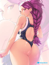 Rule 34 | 1girl, ass, blush, braid, breasts, brown eyes, closed mouth, dark skin, earrings, etchimune, facial mark, fire emblem, fire emblem: three houses, jewelry, large breasts, long hair, looking at viewer, medium breasts, nintendo, one-piece swimsuit, open mouth, petra macneary, purple hair, simple background, smile, solo, swimsuit, very long hair