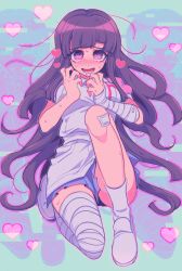 Rule 34 | 1girl, :d, apron, bandaged arm, bandaged leg, bandages, bandaid, bandaid on knee, bandaid on leg, black hair, blue skirt, blush, breasts, commentary request, danganronpa (series), danganronpa 2: goodbye despair, grey apron, hands up, heart, heart-shaped pupils, knee up, large breasts, long hair, looking at viewer, mole, mole under eye, nurse, open mouth, pleated skirt, puffy short sleeves, puffy sleeves, purple hair, sasakama (sasagaki01), shoes, short sleeves, skirt, smile, socks, solo, sweat, symbol-shaped pupils, tsumiki mikan, white footwear, white socks