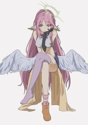 Rule 34 | 1girl, angel, angel wings, animal ears, asymmetrical legwear, bird ears, breasts, bridal gauntlets, spiked halo, crop top, feathered wings, halo, jibril (no game no life), large breasts, long hair, looking at viewer, low wings, magic circle, midriff, mismatched legwear, multicolored eyes, no game no life, pink hair, purple eyes, shoes, single shoe, solo, very long hair, white wings, wing ears, wings, yellow eyes, yu yin