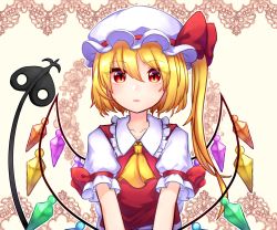 Rule 34 | 1girl, ascot, bad id, bad pixiv id, beige background, blonde hair, blush, bow, collarbone, commentary request, crystal, flandre scarlet, frilled shirt collar, frills, hair between eyes, hat, hat bow, highres, lace trim, laevatein, long hair, looking at viewer, mob cap, mozuno (mozya 7), one eye closed, outline, parted lips, puffy short sleeves, puffy sleeves, red bow, red eyes, red vest, shirt, short sleeves, simple background, solo, touhou, upper body, vest, white hat, white shirt, wings, yellow ascot