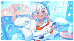 Rule 34 | 1girl, :d, alarm clock, barefoot, bed, blue choker, blue eyes, blush, bow, breasts, cellphone, choker, choko (cup), cleavage, clock, commentary request, copyright request, cup, curtains, grey hair, hair between eyes, hair bow, holding, holding phone, ikari (aor3507), long hair, long sleeves, looking at viewer, lying, official art, on bed, on stomach, open mouth, phone, pillow, pink bow, pointy ears, scales, shirt, small breasts, smile, soles, solo, star (symbol), tokkuri, tray, very long hair, virtual youtuber, white shirt, window
