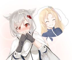 Rule 34 | 1girl, ^ ^, absurdres, azur lane, black gloves, blonde hair, blush, capelet, cleveland (azur lane), closed eyes, commentary request, fingerless gloves, gloves, hair between eyes, hair ornament, highres, imagining, karla (kimidori3), long hair, montpelier (azur lane), one side up, open mouth, parted bangs, red eyes, silver hair, smile, very long hair, white capelet