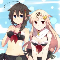 Rule 34 | 10s, 2girls, adapted costume, ahoge, alternate costume, bad id, bad pixiv id, belly, bikini, black hair, blonde hair, blue eyes, bow, braid, breasts, cleavage, fang, hair bow, hair flaps, hair ornament, hair ribbon, hairclip, highres, kantai collection, leaning forward, light particles, long hair, looking at viewer, multiple girls, navel, official alternate costume, parted lips, red eyes, ribbon, shigure (kancolle), single braid, smile, swimsuit, yukichi (eikichi), yuudachi (kancolle)