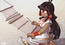 1girl aztec barefoot beelia black_hair bracelet breasts cleavage codex_black dark-skinned_female dark_skin dress earrings facepaint highres hime_cut holding jewelry kneeling large_breasts long_hair looking_back open_mouth seiza shi-gu sitting solo tribal upper_body weaving white_dress