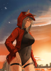 Rule 34 | 1girl, absurdres, ai-bon, alternate breast size, animal ears, arknights, black one-piece swimsuit, breasts, closed mouth, covered navel, cowboy shot, day, grey eyes, grey hair, highres, hood, hooded jacket, jacket, large breasts, long sleeves, looking away, official alternate costume, one-piece swimsuit, open clothes, open jacket, outdoors, projekt red (arknights), projekt red (light breeze) (arknights), red jacket, short hair, solo, standing, sunset, swimsuit, tail, thigh strap, thighs, wolf ears, wolf tail