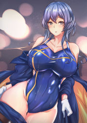 Rule 34 | 1girl, alternate costume, antiqq, blue eyes, blue hair, blue jacket, blue shirt, blue skirt, blue one-piece swimsuit, blush, breasts, collarbone, competition swimsuit, covered navel, gloves, gotland (kancolle), hair bun, highres, jacket, kantai collection, large breasts, long sleeves, military, military uniform, mole, mole under eye, off shoulder, one-piece swimsuit, shirt, single hair bun, skirt, solo, swimsuit, swimsuit under clothes, thigh cleavage, undressing, uniform, white gloves
