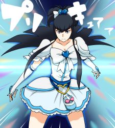 Rule 34 | 1girl, alternate hairstyle, bad id, bad pixiv id, blue eyes, bow, breasts, brooch, bubble skirt, cleavage, cosplay, cure white, cure white (cosplay), detached sleeves, emphasis lines, eyebrows, frills, futari wa precure, gem, hair bow, heart, heart brooch, izayoi mirura, kill la kill, kiryuuin satsuki, large breasts, long hair, magical girl, parody, precure, puffy sleeves, sidelocks, skirt, solo, thick eyebrows, topknot, tsurime