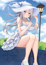 Rule 34 | 1girl, absurdres, bare arms, blue sky, blush, breasts, brick wall, cleavage, closed mouth, cloud, collarbone, crossed bangs, day, dress, eating, floating hair, food, grey hair, hair between eyes, hair ribbon, hand on headwear, hanonokusa, hat, hat ribbon, highres, holding, holding food, holding popsicle, lamppost, large breasts, long hair, looking at viewer, original, outdoors, popsicle, purple eyes, ribbon, sandals, sidelocks, sitting, sky, solo, sun hat, sundress, thighs, white dress, white footwear