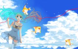 Rule 34 | 1girl, bad id, bad pixiv id, bubble, cloud, day, dress, fish, hatsune miku, highres, sky, solo, thighhighs, tuukouninnn, vocaloid, water