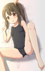 Rule 34 | 1girl, bare arms, bare legs, bare shoulders, barefoot, bed sheet, black hair, black one-piece swimsuit, blush, brown eyes, chestnut mouth, commentary request, hair between eyes, hair ornament, hair ribbon, hairclip, highres, looking at viewer, lying, old school swimsuit, on back, one-piece swimsuit, original, parted lips, ribbon, school swimsuit, side ponytail, solo, swimsuit, takasuma hiro, thigh grab, yellow ribbon
