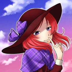 Rule 34 | 1girl, artist name, artist request, blue sky, blush, bow, breasts, brown hat, brown shirt, cloud, day, female focus, finger to mouth, hair between eyes, hat, hat bow, looking at viewer, love live!, love live! school idol project, nishikino maki, outdoors, parted lips, purple bow, purple eyes, purple sleeves, red hair, shirt, short hair, sky, smile, solo, upper body
