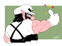 Rule 34 | 1boy, black hair, black overalls, facial hair, from side, gloves, green background, hat, highres, muscular, mustache, nintendo, omu (sinsindan), overalls, pointy ears, shirt, simple background, thick eyebrows, thumbs up, wario, wario land, white gloves, white headwear, white shirt