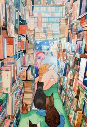 Rule 34 | 1girl, blanket, blue eyes, blue hair, book stack, bookshelf, cat, commentary, gradient hair, hand on own cheek, hand on own face, headband, highres, little thunder, looking to the side, multicolored hair, multiple cats, original, pink hair, poster (object), reading, short shorts, shorts, sitting, on floor, solo, tile floor, tiles, traditional media