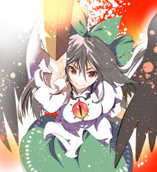 Rule 34 | 1girl, absurdres, arm cannon, bird wings, black hair, black wings, bow, breasts, closed mouth, commentary, green bow, green skirt, hair bow, highres, ichizen (o tori), long hair, looking at viewer, medium breasts, one-hour drawing challenge, red background, red eyes, reiuji utsuho, shirt, short sleeves, skirt, smile, solo, touhou, weapon, white shirt, wings