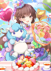 Rule 34 | 1girl, :d, balloon, blue sky, blush, bouquet, breasts, brown eyes, brown hair, cake, center frills, cleavage, cloud, commentary request, confetti, copyright request, cup, day, detached collar, dress, flower, food, frills, fruit, hat, heart balloon, highres, hugging object, long hair, looking at viewer, medium breasts, official art, open mouth, outdoors, party hat, pilokey, pink flower, pink rose, purple dress, red flower, red rose, rose, saucer, sky, smile, solo, star-shaped food, star (symbol), star balloon, starfruit, strawberry, stuffed unicorn, table, tea, teacup, yellow flower, yellow rose
