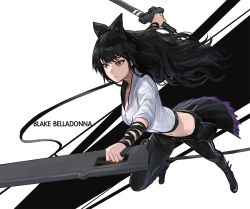 Rule 34 | 1girl, arm ribbon, black hair, black pants, blake belladonna, bow, character name, cleaver, dual wielding, english text, hair bow, half-skirt, holding, long hair, looking away, midriff, modare, pants, pouch, ribbon, rwby, shirt, simple background, solo, striped, striped background, sword, waist cape, wavy hair, weapon, white shirt, yellow eyes