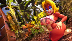 Rule 34 | 1girl, 3d, ape, ass, banana, bbandicoot, blonde hair, blue eyes, bottomless, breasts, candy kong, clothes lift, curvy, donkey kong (series), feet, food, fruit, highres, jungle, large breasts, looking at viewer, monkey girl, nature, navel, nintendo, nipples, shirt lift, smile, soles, tank top, thick lips, thick thighs, thighs, toes