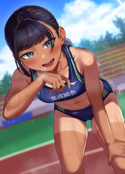 Rule 34 | 1girl, :d, absurdres, bare shoulders, bent over, black hair, blue buruma, blush, breasts, buruma, clothes writing, collarbone, day, green eyes, hand on own knee, highres, long hair, looking at viewer, medium breasts, multicolored hair, one-piece tan, open mouth, original, outdoors, red hair, smile, solo, sports bra, streaked hair, sweat, tan, tanline, toin (iitoin), track and field, track uniform, translation request, two-tone hair