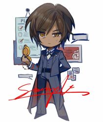 Rule 34 | 1girl, black coat, black pants, black vest, brown eyes, brown hair, chibi, closed mouth, coat, collared shirt, cross tie, full body, g7cdpdto2i6hot6, holding, holding pocket watch, limbus company, long sleeves, outis (project moon), pants, pocket watch, project moon, sample watermark, shirt, short hair, simple background, solo, sweat, vest, watch, watermark, white background, white shirt