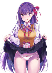Rule 34 | 1girl, bb (fate), bb (fate/extra), black skirt, body writing, bow, bow panties, breasts, brown vest, buttons, closed mouth, clothes lift, collared shirt, cowboy shot, fate/stay night, fate (series), gluteal fold, hair ribbon, heart, highres, konka, legs apart, licking lips, lifted by self, long hair, long sleeves, looking at viewer, matou sakura, medium breasts, nail polish, panties, pink nails, purple eyes, purple hair, red ribbon, ribbon, shirt, simple background, skirt, skirt lift, solo, standing, tongue, tongue out, translated, underwear, valentine, very long hair, vest, white background, white panties, white shirt