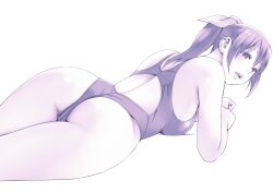 Rule 34 | 1girl, ass, breasts, commentary request, competition swimsuit, hair ribbon, highres, long hair, looking at viewer, lying, macosee, medium breasts, monochrome, on stomach, one-piece swimsuit, open mouth, original, ponytail, purple theme, ribbon, solo, swimsuit, teeth, upper teeth only