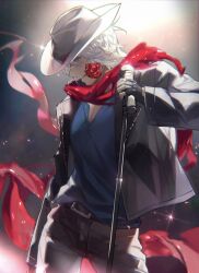 Rule 34 | 1boy, bishounen, blue eyes, closed mouth, coat, cowboy hat, dante (devil may cry), devil may cry (series), devil may cry 5, fingerless gloves, flower, flower in mouth, gloves, hat, highres, holding, long hair, looking at viewer, male focus, mouth hold, red flower, red rose, rose, shigu dmc, shirt, smile, solo, upper body, white hair