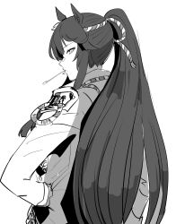Rule 34 | 1girl, absurdres, animal ears, bandaid, bandaid on face, bandaid on nose, commentary request, ear ornament, from side, greyscale, hair between eyes, hand on own hip, highres, horse ears, horse girl, jacket, long hair, long sleeves, looking at viewer, megao 3rd, monochrome, mouth hold, narita brian (umamusume), photoshop (medium), rope, shimenawa, solo, stalk in mouth, umamusume, upper body, very long hair, white background