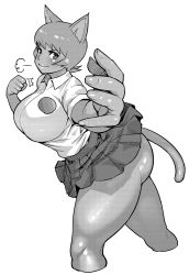 Rule 34 | 1girl, animal ears, ass, bad id, bad tumblr id, breasts, cat ears, cat tail, dark-skinned female, dark skin, foreshortening, greyscale, highres, huge ass, humanization, large breasts, looking at viewer, mature female, monochrome, nicole watterson, personification, short hair, simple background, skirt, smile, solo, synecdoche, tail, the amazing world of gumball, thick thighs, thighs, white background