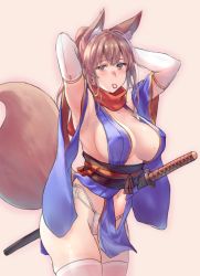 Rule 34 | 1girl, animal ears, armpits, arms up, beige background, blue kimono, blue sleeves, breasts, brown eyes, brown hair, closed mouth, clothing cutout, commentary request, cowboy shot, detached sleeves, elbow gloves, fox ears, fox girl, fox tail, gloves, hair tie in mouth, hands in hair, japanese clothes, katana, kimono, large breasts, looking at viewer, medium hair, mouth hold, multi-strapped panties, navel, navel cutout, obi, original, panties, pelvic curtain, ponytail, red scarf, sash, sawaya (mizukazu), scarf, sheath, sheathed, side-tie panties, simple background, smile, solo, standing, sword, tail, thighhighs, underwear, weapon, white gloves, white panties, white thighhighs
