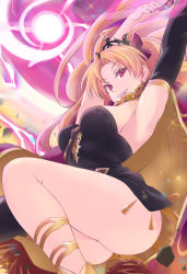 Rule 34 | 1girl, absurdres, anklet, armpits, arms up, ass, black dress, blonde hair, breasts, cape, clenched teeth, dress, earrings, ereshkigal (fate), eyebrows hidden by hair, eyes visible through hair, fate/grand order, fate (series), from below, gold trim, grin, hair ribbon, head down, highres, hoop earrings, infinity symbol, jewelry, large breasts, long hair, looking at viewer, looking down, multicolored background, multicolored cape, multicolored clothes, naopy, naughty face, parted bangs, red cape, red eyes, red ribbon, ribbon, single sleeve, single thighhigh, smile, solo, spine, teeth, thighhighs, thighs, tiara, two side up, type-moon, yellow cape, yellow footwear