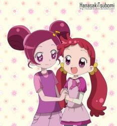 Rule 34 | 10s, 2girls, alternate costume, alternate hairstyle, cosplay, costume switch, creator connection, crossover, floral background, hanasaki tsubomi, harukaze doremi, heart, heartcatch precure!, highres, holding hands, long hair, multiple girls, musical note, ojamajo doremi, open mouth, pink eyes, pink hair, precure, purple eyes, red hair, ribbon, short hair, skirt, smile, twintails