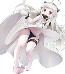 Rule 34 | ahoge, barefoot, black panties, clothes lift, dress, dress lift, feet, horns, kantai collection, lifted by self, long hair, mittens, navel, noa (nagareboshi), northern ocean princess, panties, red eyes, side-tie panties, sleeveless, sleeveless dress, smile, soles, solo, thigh strap, toes, underwear, white dress, white hair, white mittens