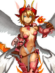 Rule 34 | 1girl, armor, bad id, bad pixiv id, bare shoulders, bikini armor, blonde hair, blue eyes, breasts, center opening, choker, fireball, gauntlets, greaves, groin, hair between eyes, hamama2, highres, horns, loincloth, low wings, minerva (p&amp;d), multiple wings, navel, no panties, pelvic curtain, puzzle &amp; dragons, short hair, sketch, small breasts, solo, sword, thighhighs, weapon, white wings, wings
