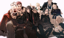 Rule 34 | 2girls, 5boys, absurdres, beard, black hair, blonde hair, blood, blood in mouth, bunny ears prank, couch, everyone, facial hair, fate (series), flat escardos, food, formal, gray (fate), grey hair, highres, iskandar (fate), looking at viewer, lord el-melloi ii, lord el-melloi ii case files, melvin weins, multiple boys, multiple girls, muted color, red hair, reines el-melloi archisorte, sandwich, sepia, sitting, suit, svin glascheit, v, waver velvet, yunhongming