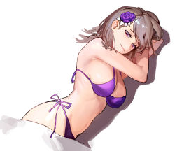 Rule 34 | 1girl, absurdres, arm tattoo, bikini, blanket, breasts, brown hair, closed mouth, commentary, flower, hair flower, hair ornament, head on hand, highres, looking at viewer, lying, mac star, medium breasts, medium hair, on side, original, purple bikini, purple eyes, purple flower, side-tie bikini bottom, simple background, solo, swimsuit, tattoo, under covers, white background