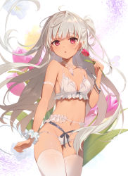 Rule 34 | 1girl, :o, bare shoulders, bikini, blush, breasts, cleavage, comiket 100, commentary request, dark-skinned female, dark skin, earrings, flower, grey hair, hand up, highres, holding, holding flower, jewelry, long hair, looking at viewer, navel, omelet tomato, one side up, original, parted lips, pointy ears, red eyes, red flower, small breasts, solo, swimsuit, thighhighs, very long hair, white background, white bikini, white thighhighs
