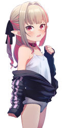 Rule 34 | 1girl, bare shoulders, black ribbon, blush, bow, bow panties, camisole, clothes down, collar, cowboy shot, drill hair, fang, grey hair, hair intakes, hair ribbon, highres, jacket, long hair, looking at viewer, makaino ririmu, multicolored hair, nijisanji, no pants, open clothes, open jacket, panties, parted lips, pointy ears, red collar, red eyes, red hair, ribbon, sabamen, sidelocks, simple background, skin fang, sleeves past wrists, solo, symbol-only commentary, twin drills, underwear, virtual youtuber, white background