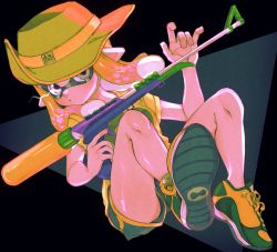 Rule 34 | 1girl, black shorts, blunt bangs, boonie hat, closed mouth, commentary, cross-laced footwear, dolphin shorts, dutch angle, english commentary, grey eyes, gym shorts, highres, holding, holding weapon, inkling, inkling (language), inkling girl, inkling player character, logo, looking at viewer, medium hair, nintendo, nupi (nu 55), orange footwear, orange hair, orange headwear, orange shirt, orange theme, pointy ears, print shirt, shirt, shoes, short shorts, short sleeves, shorts, single vertical stripe, solo, splat charger (splatoon), splatoon (series), splatoon 2, t-shirt, tentacle hair, upshorts, weapon