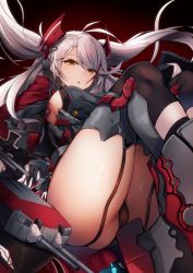 Rule 34 | 1girl, :o, absurdres, antenna hair, armpit cutout, azur lane, black panties, blush, breasts, brown eyes, cannon, clothing cutout, cross, floating, floating hair, garter straps, gloves, hair between eyes, headgear, highres, iron cross, knees up, large breasts, leotard, long hair, looking at viewer, mole, mole on breast, multicolored hair, panties, prinz eugen (azur lane), raiou, red hair, rigging, silver hair, solo, streaked hair, swept bangs, thighhighs, thighs, two side up, underwear, very long hair