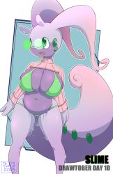 Rule 34 | 1girl, antennae, arms at sides, artist name, belly, bikini, bikini under clothes, blue background, border, breasts, cleavage, colored skin, creatures (company), dated, dragon girl, english text, fang, female focus, furry, furry female, game freak, gen 6 pokemon, glasses, gluteal fold, goodra, green-tinted eyewear, green bikini, green eyes, happy, highres, huge breasts, inktober, large tail, legs, legs apart, long sleeves, looking to the side, multicolored skin, navel, nintendo, open mouth, outline, outside border, peach-cup, pince-nez, plump, pokemon, pokemon (creature), purple skin, rimless eyewear, shrug (clothing), sideways mouth, signature, skin fang, skindentation, slime (substance), smile, solo, stomach, sunglasses, swimsuit, tail, thick thighs, thighs, tinted eyewear, two-tone skin, white border, white outline