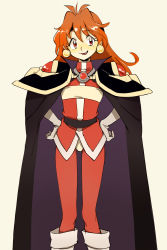 Rule 34 | 1girl, blush, cape, earrings, fang, hands on own hips, headband, highres, jewelry, lina inverse, long hair, looking to the side, orange hair, red eyes, red hair, slayers, smile, solo, tan background