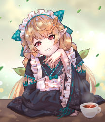 Rule 34 | 1girl, apron, blush, bow, braid, butterfly hair ornament, commentary, cup, elbows on table, english commentary, falling leaves, frills, green bow, green nails, hair bow, hair ornament, highres, leaf, looking at viewer, maid, maid apron, maid headdress, maplesights, nail polish, nijisanji, nijisanji en, pointy ears, pomu rainpuff, pomu rainpuff (2nd costume), red eyes, smile, solo, steam, tea, twin braids, upper body, virtual youtuber, wa maid, wide sleeves