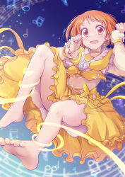 Rule 34 | 1girl, absurdres, bare legs, bow, brooch, bubble skirt, choker, circlet, cure muse (yellow), earrings, heart, heart brooch, henshin, highres, jewelry, long sleeves, magical girl, musical note, muusu, open mouth, orange hair, precure, red eyes, sailor collar, shirabe ako, short hair, skirt, smile, solo, suite precure, yellow bow, yellow choker, yellow skirt